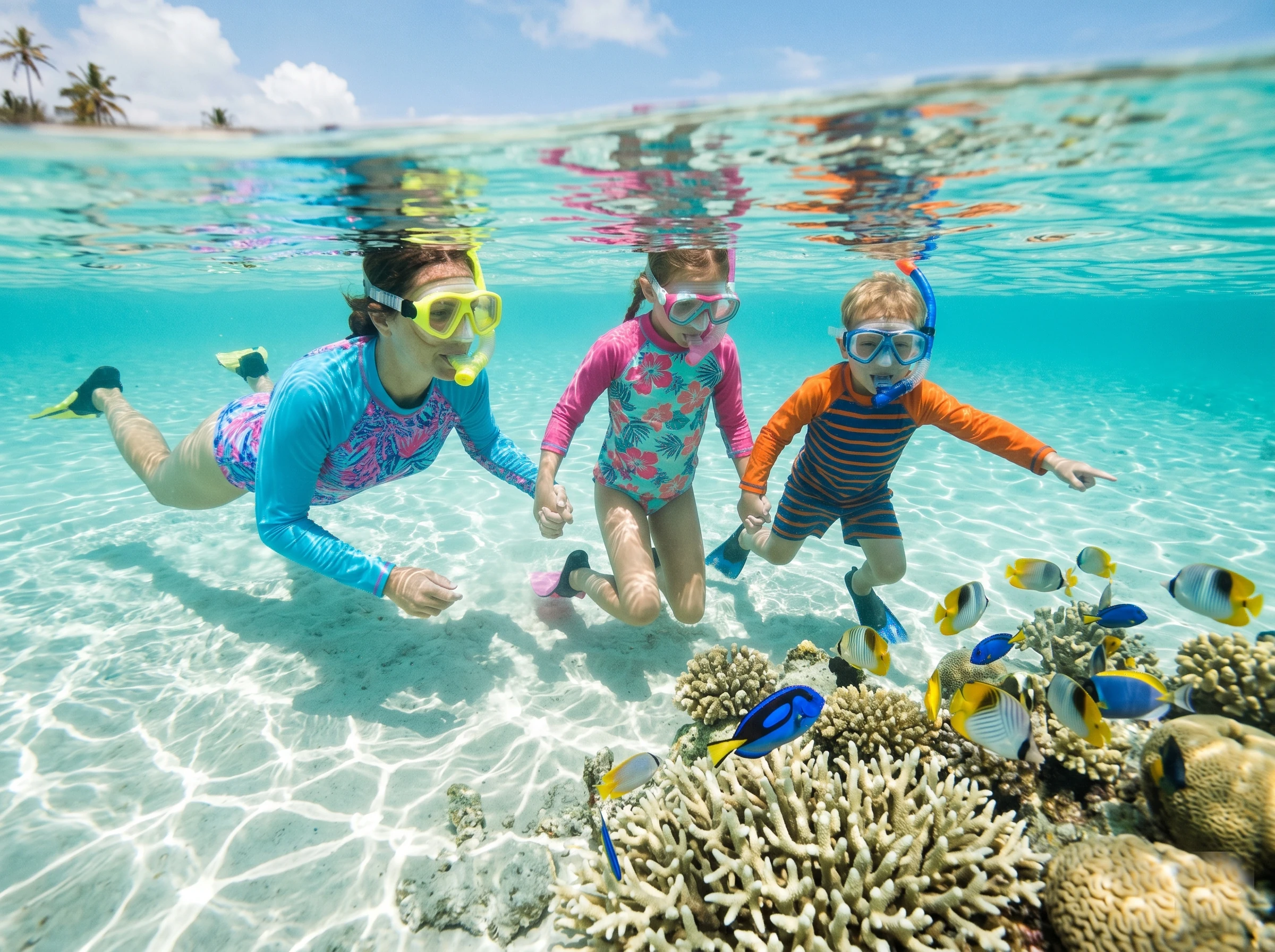 A family snorkeling the coral reef at Mnemba Atoll, Zanzibar