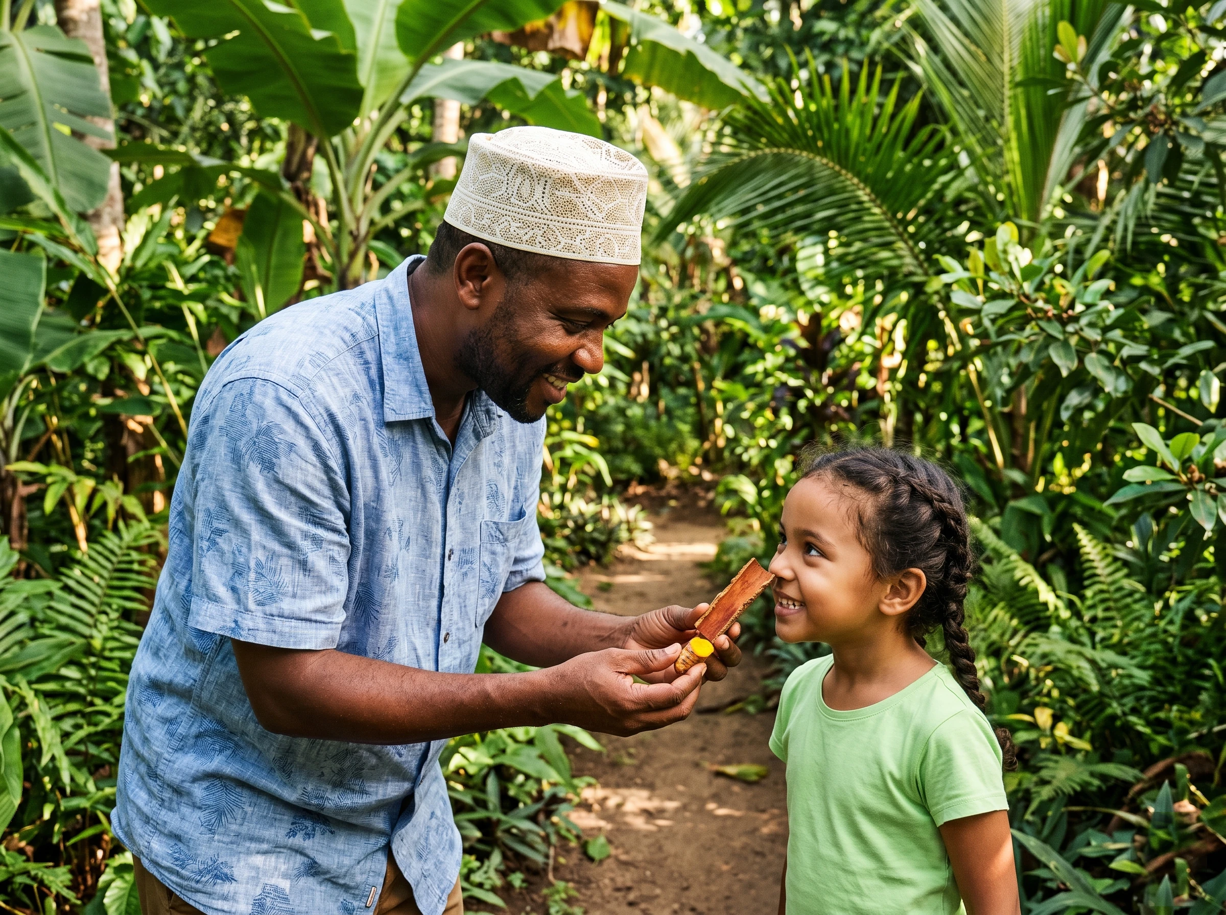 A local guide showing a child fresh cinnamon and turmeric at a Zanzibar spice farm