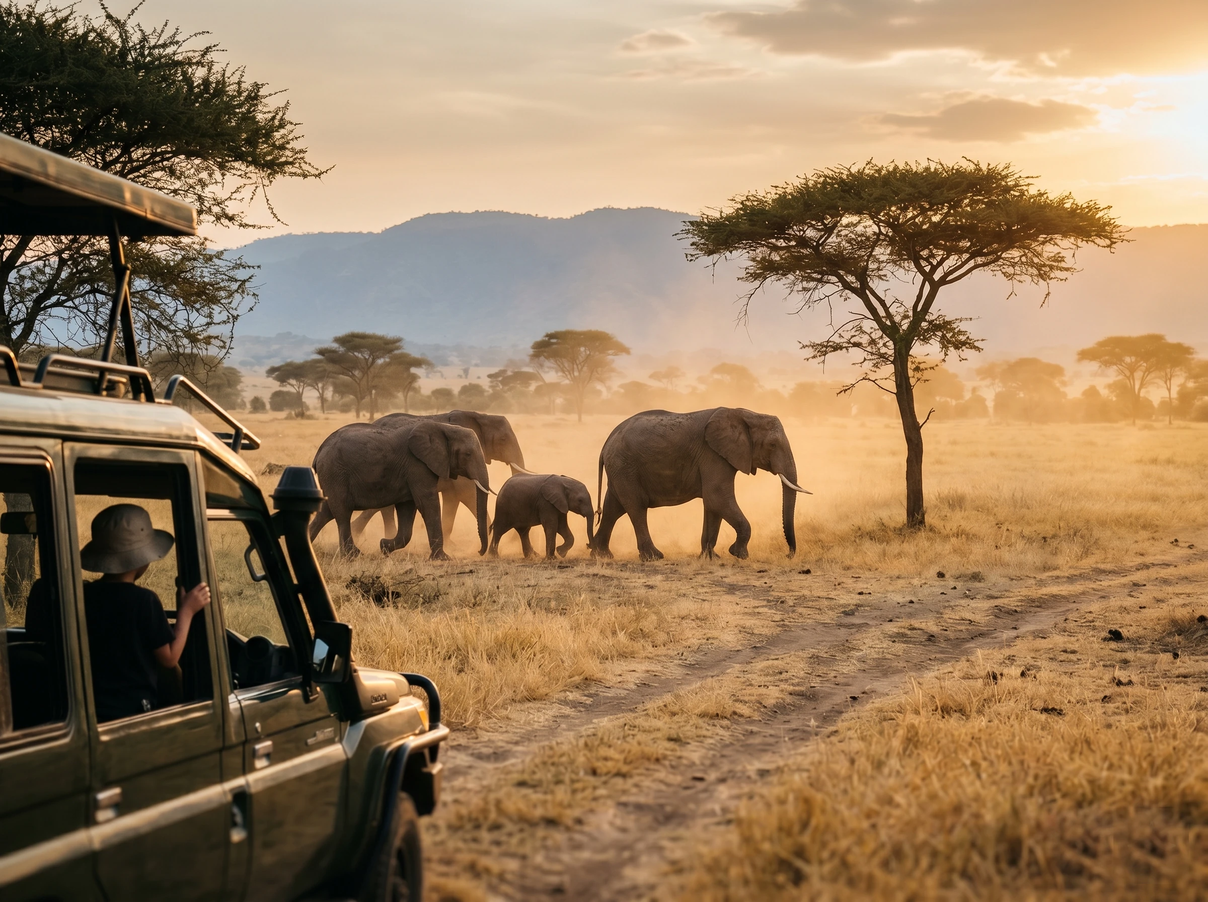 A child watching elephants from a safari vehicle in Mikumi National Park, Tanzania