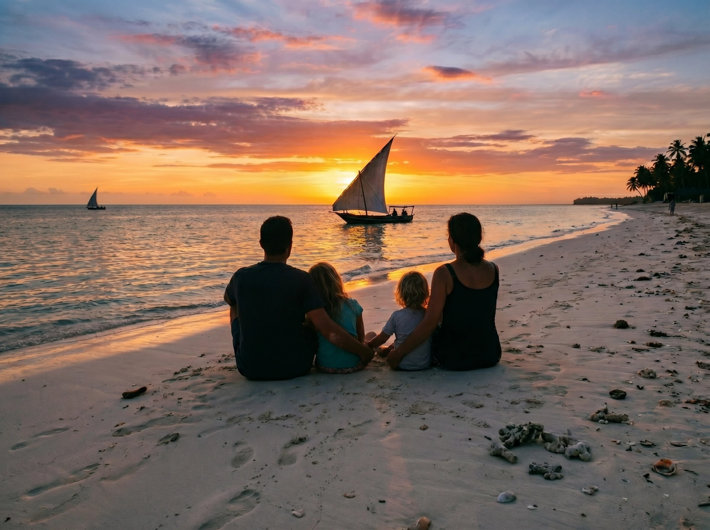 A family watching the sunset over the Indian Ocean in Zanzibar