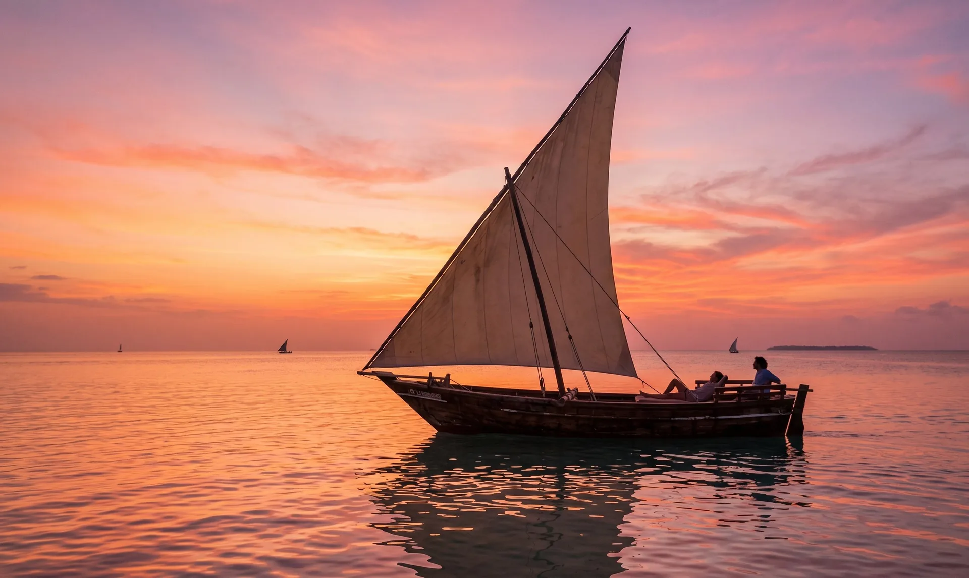 Traditional dhow sailing into the sunset off Zanzibar