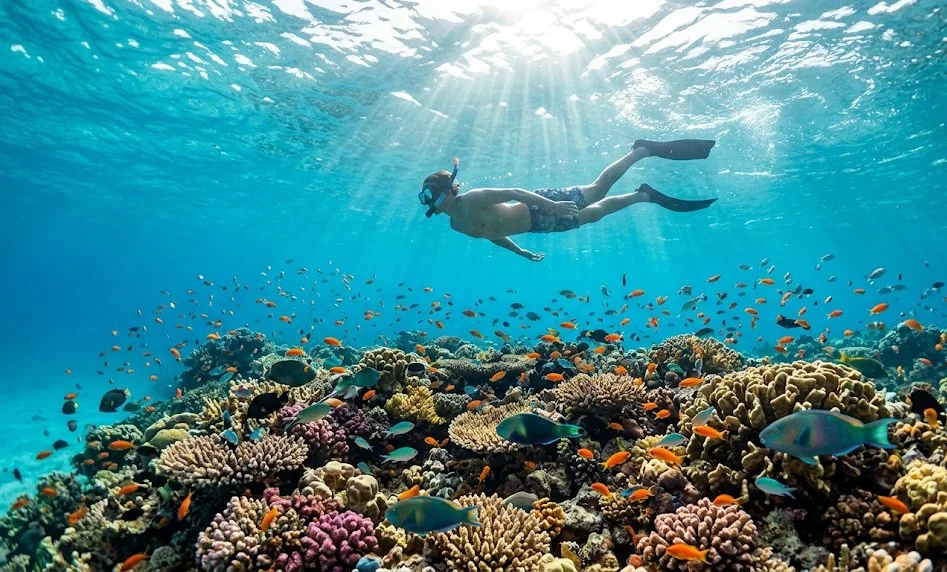 Snorkeling the coral reef at Mnemba Atoll, Zanzibar