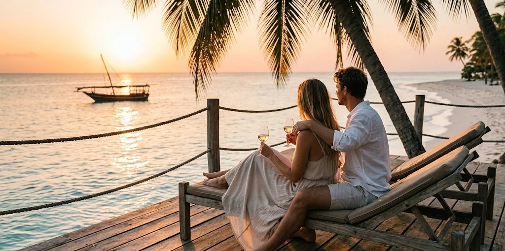 A couple watching the sunset over the Indian Ocean in Zanzibar