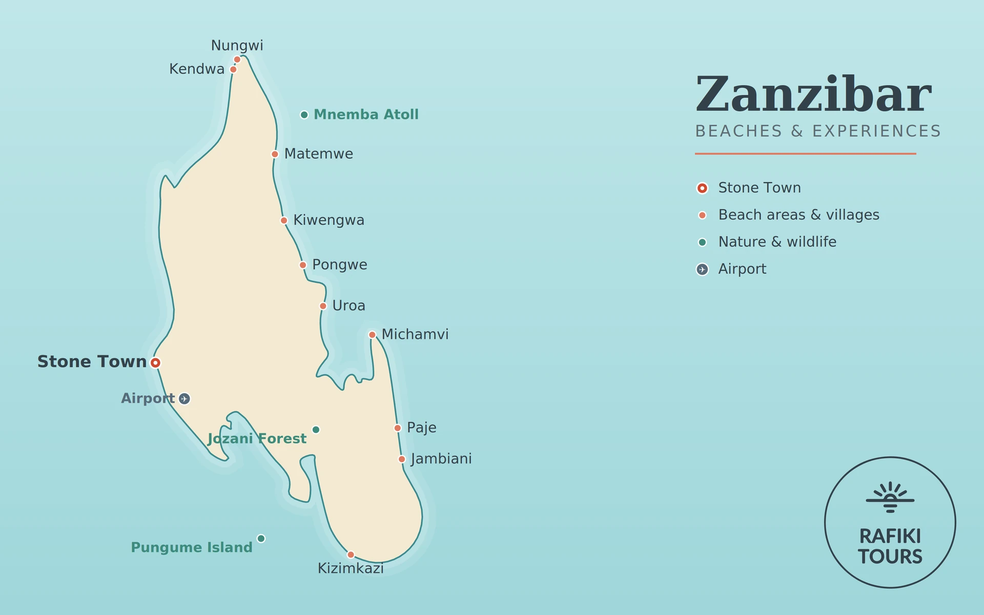 Map of Zanzibar showing its beaches, Stone Town and experiences